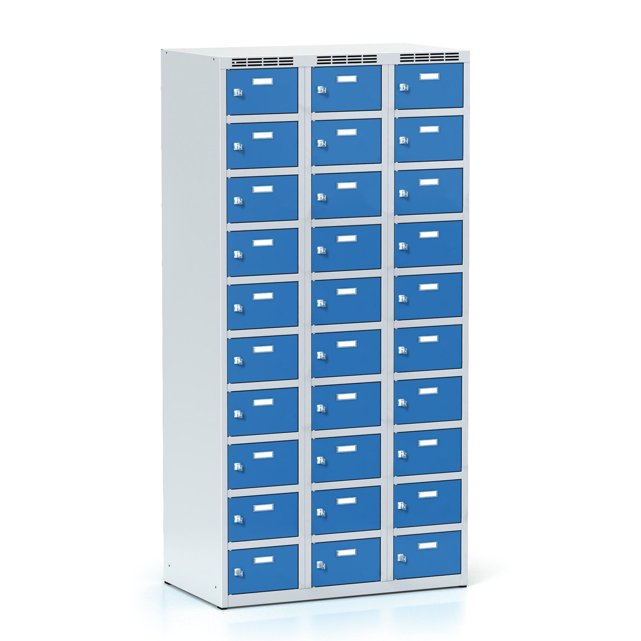 Schließfachschrank S6, 30 Fächer, 1800 x 900 x 500 mm, Drehriegelschloss, blaue Tür