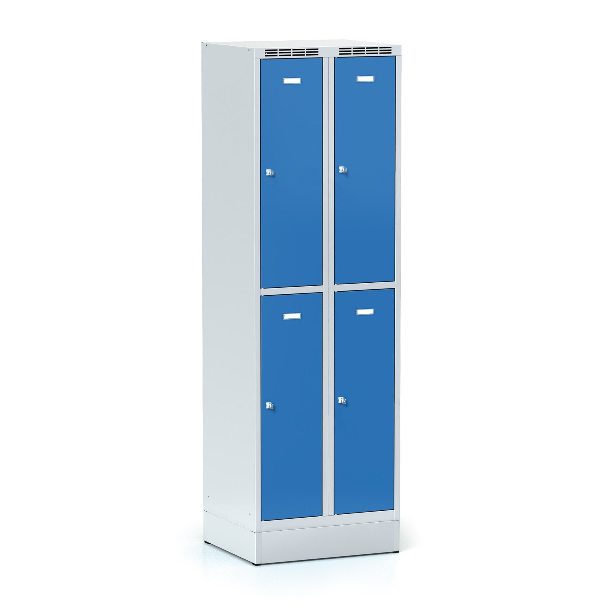 Schließfachschrank S6 auf Sockel, 4 Fächer, 1920 x 600 x 500 mm, Zylinderschloss, blaue Tür