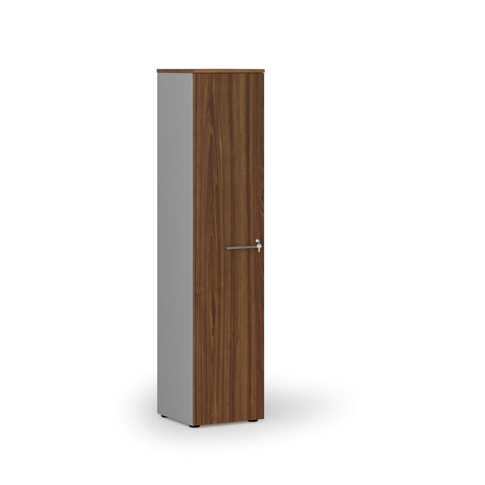 Schmaler Büroschrank PRIMO GRAY, 400 x 420 x 1781 mm, grau/Nussbaum