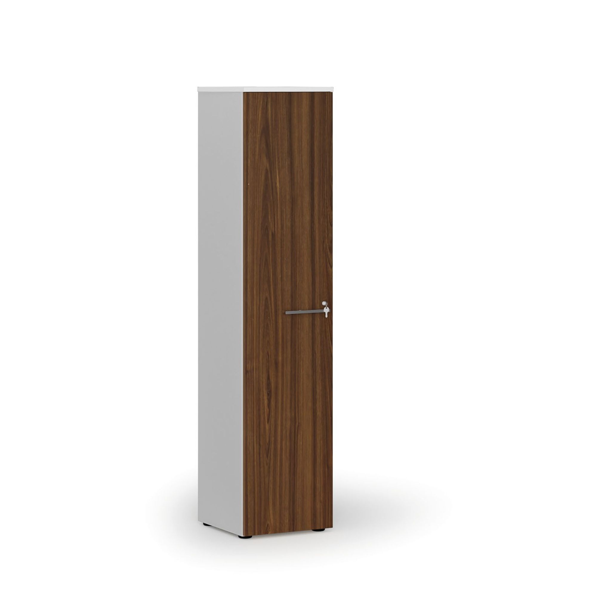 Schmaler Büroschrank PRIMO WHITE, 1781 x 400 x 420 mm, weiß/Nussbaum