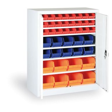 Schrank mit Sichtlagerkästen BASIC - 1150 x 400 x 920 mm, 16xA/12xB/8xC, grau/blaue Tür