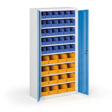 Schrank mit Sichtlagerkästen BASIC - 1800 x 400 x 920 mm, 30xB/16xC, grau/blaue Tür