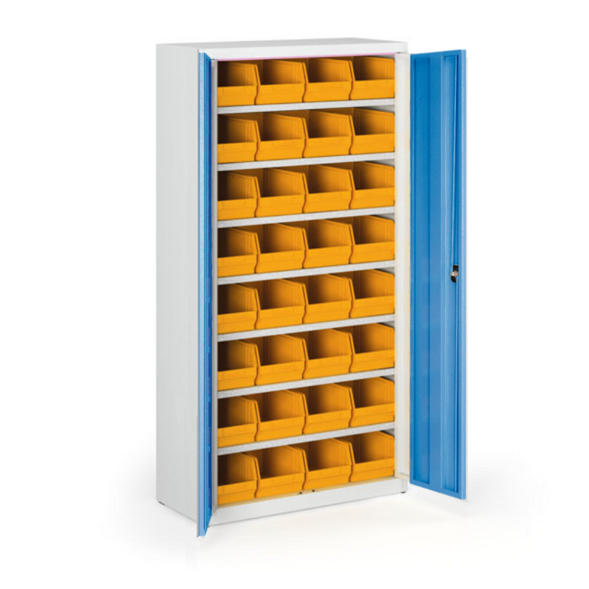 Schrank mit Sichtlagerkästen BASIC - 1800 x 400 x 920 mm, 32xC, grau/blaue Tür