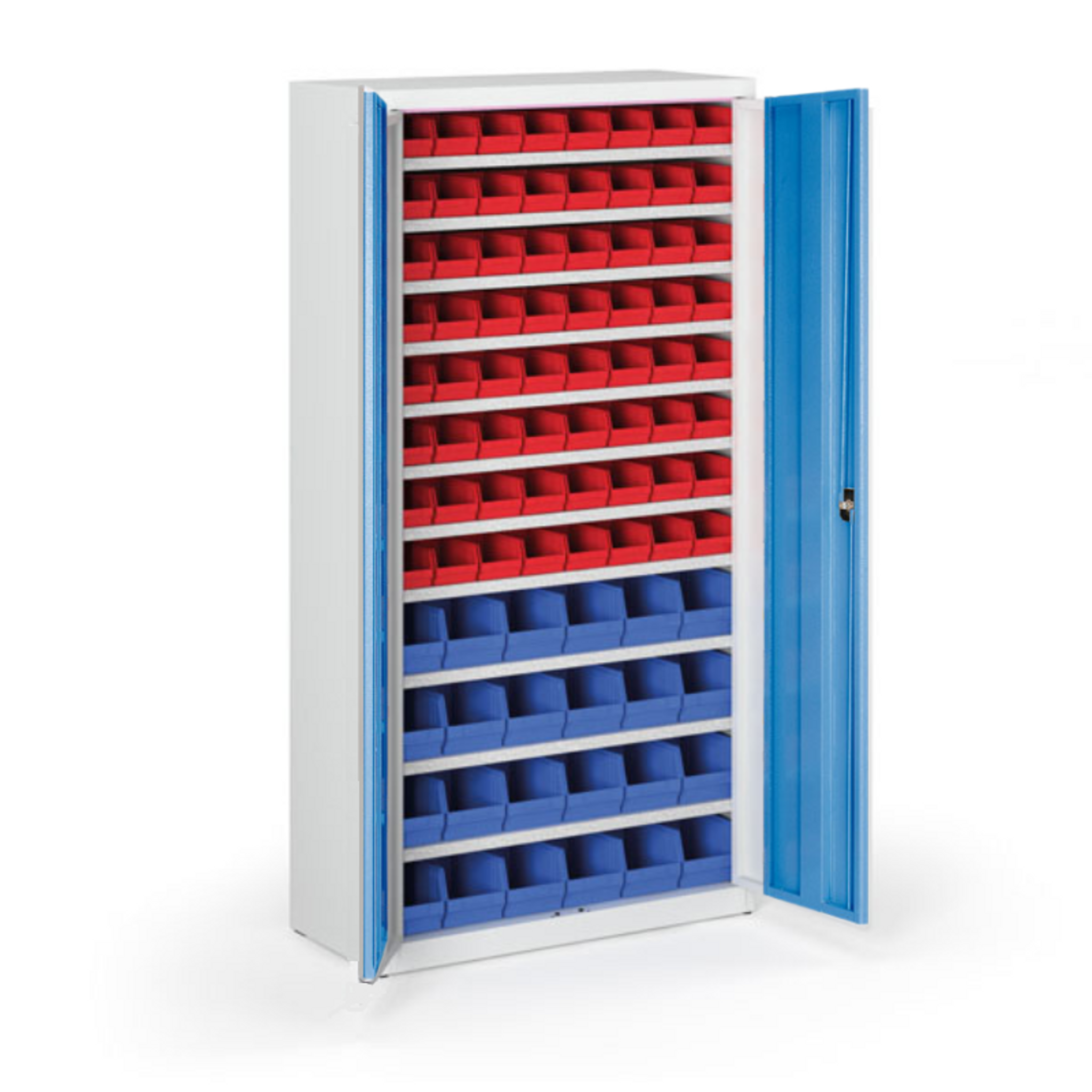 Schrank mit Sichtlagerkästen BASIC - 1800 x 400 x 920 mm, 64xA/24xB, grau/blaue Tür