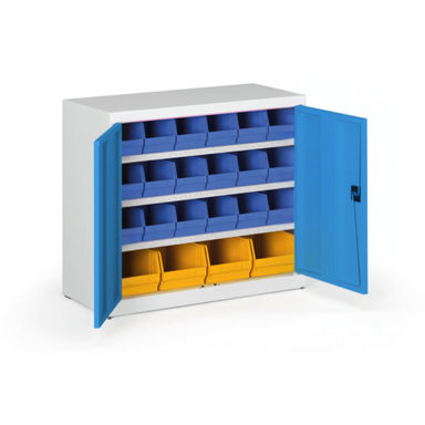 Schrank mit Sichtlagerkästen BASIC - 800 x 400 x 920 mm, 18xB/4xC, grau/blaue Tür