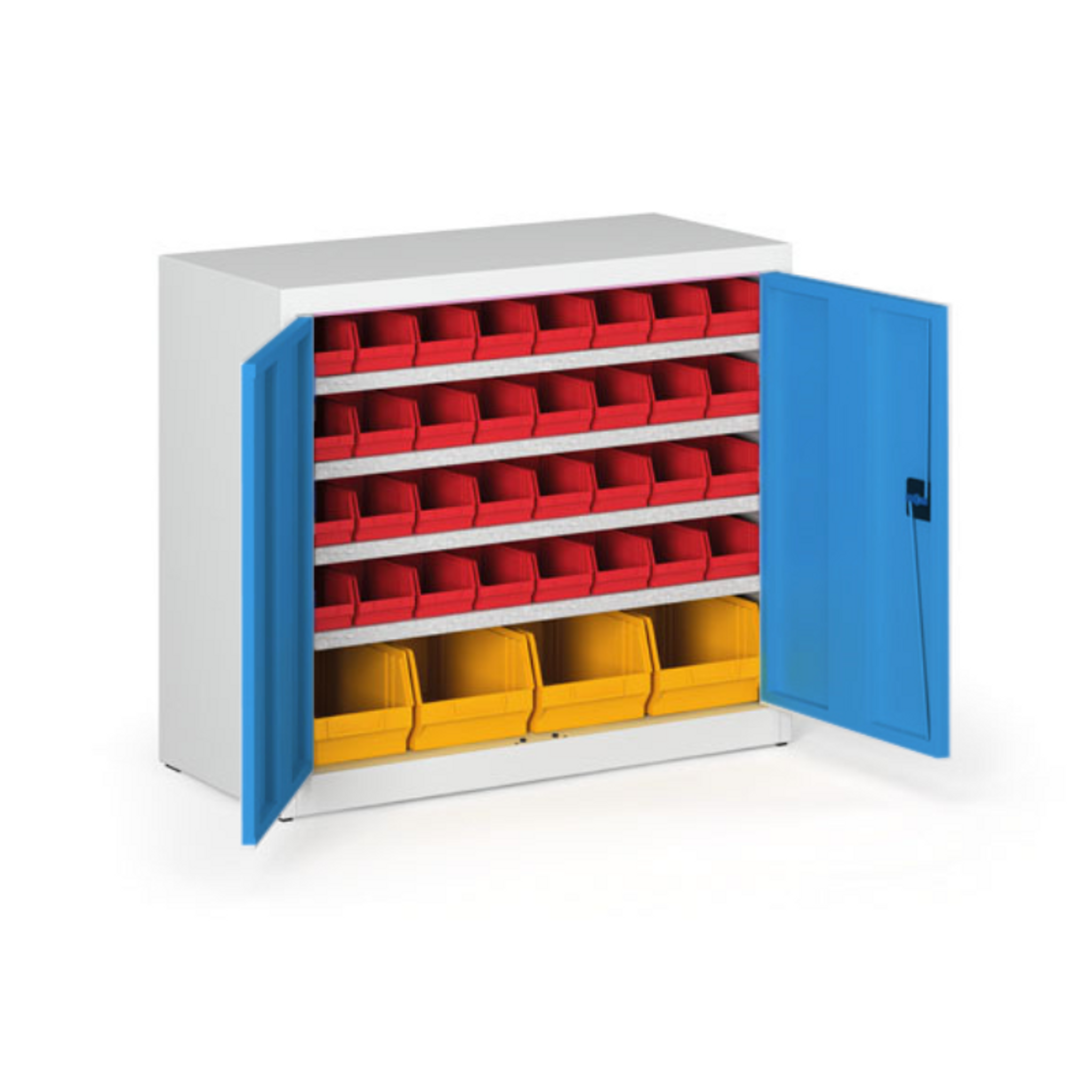 Schrank mit Sichtlagerkästen BASIC - 800 x 400 x 920 mm, 32x A, 4x C, grau/blaue Tür