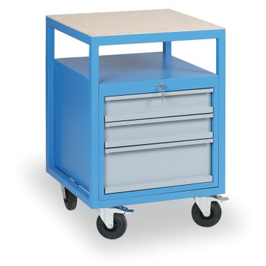 Schubladen-Werkzeugkasten für GD-Werkbänke, 3 Schubladen, 1 Fachboden, 575 x 600 x 850 mm, blau