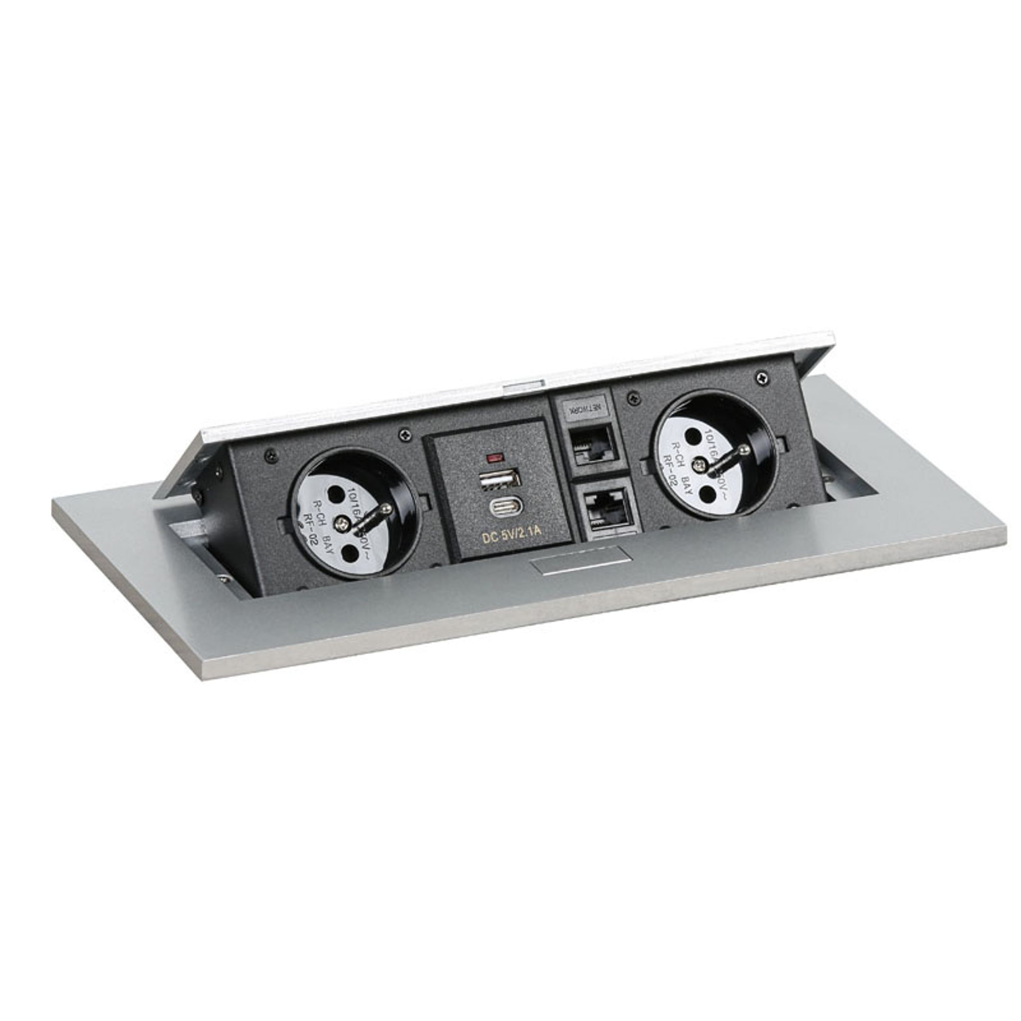 Schubladenbox TYP II - aufklappbar, 2x Steckdose, USB-A + USB-C, 2x RJ45-Anschluss Schubladenbox TYP II - aufklappbar, 2x Steckdose, USB-A + USB-C, 2x RJ45-Anschluss