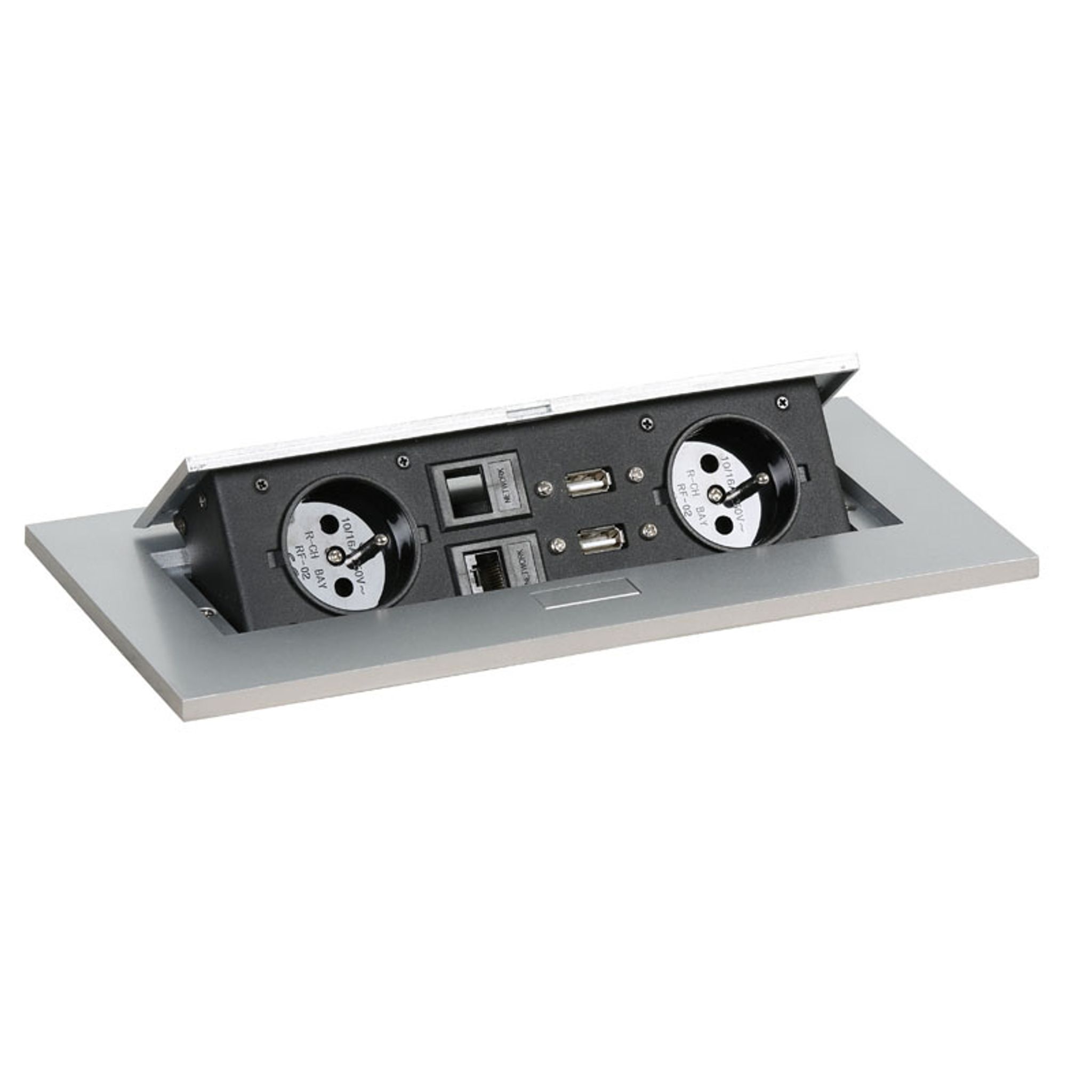 Schubladenbox TYP III - aufklappbar, 2x Buchse, 2x USB-Datenanschluss, 2x RJ45-Anschluss, silber Schubladenbox TYP III - aufklappbar, 2x Buchse, 2x USB-Datenanschluss, 2x RJ45-Anschluss, silber