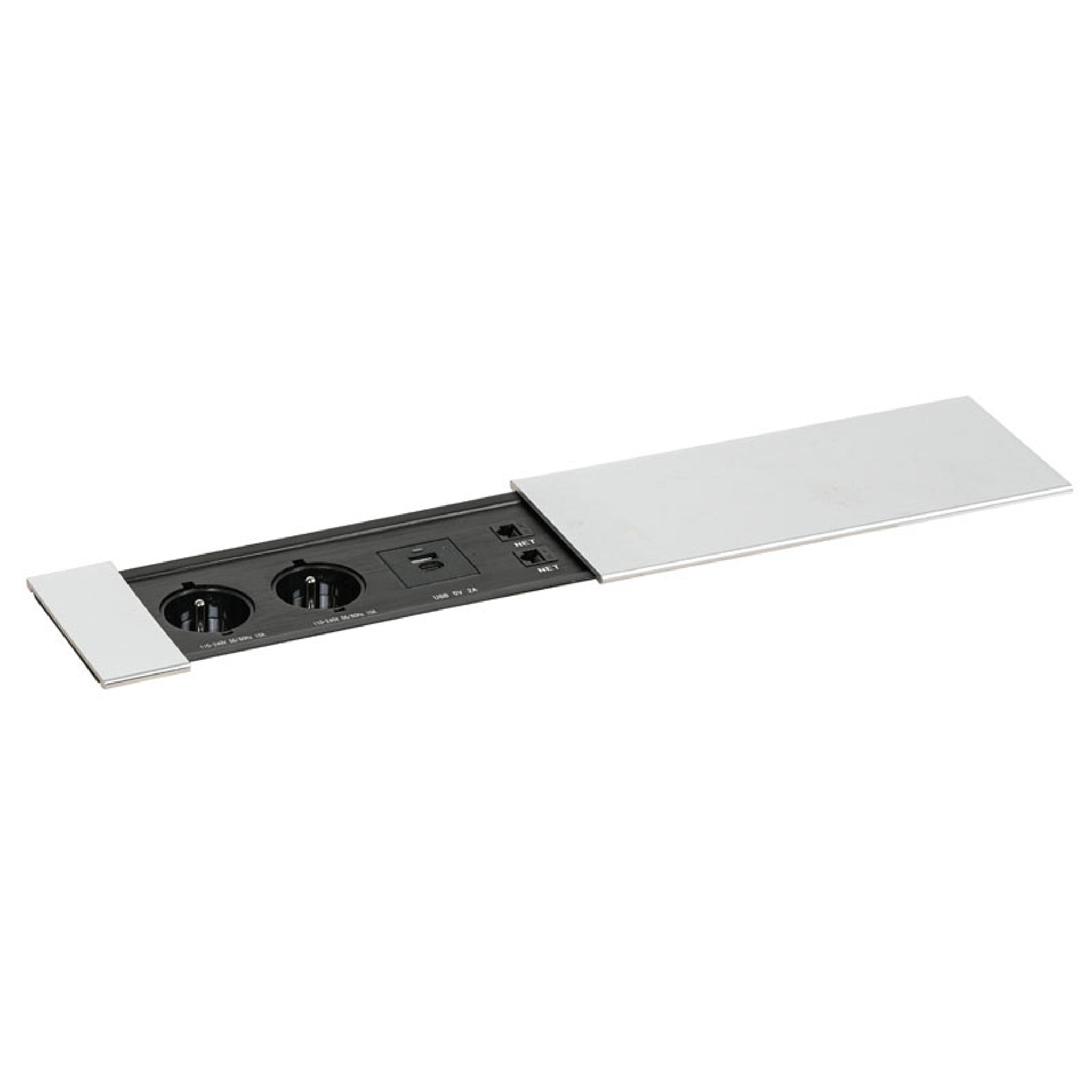 Schubladenbox TYP IV - Schiebedeckel, 2x Steckdose, USB A+C Ladeanschlüsse, 2x RJ45 Anschluss, silber Schubladenbox TYP IV - Schiebedeckel, 2x Steckdose, USB A+C Ladeanschlüsse, 2x RJ45 Anschluss, silber