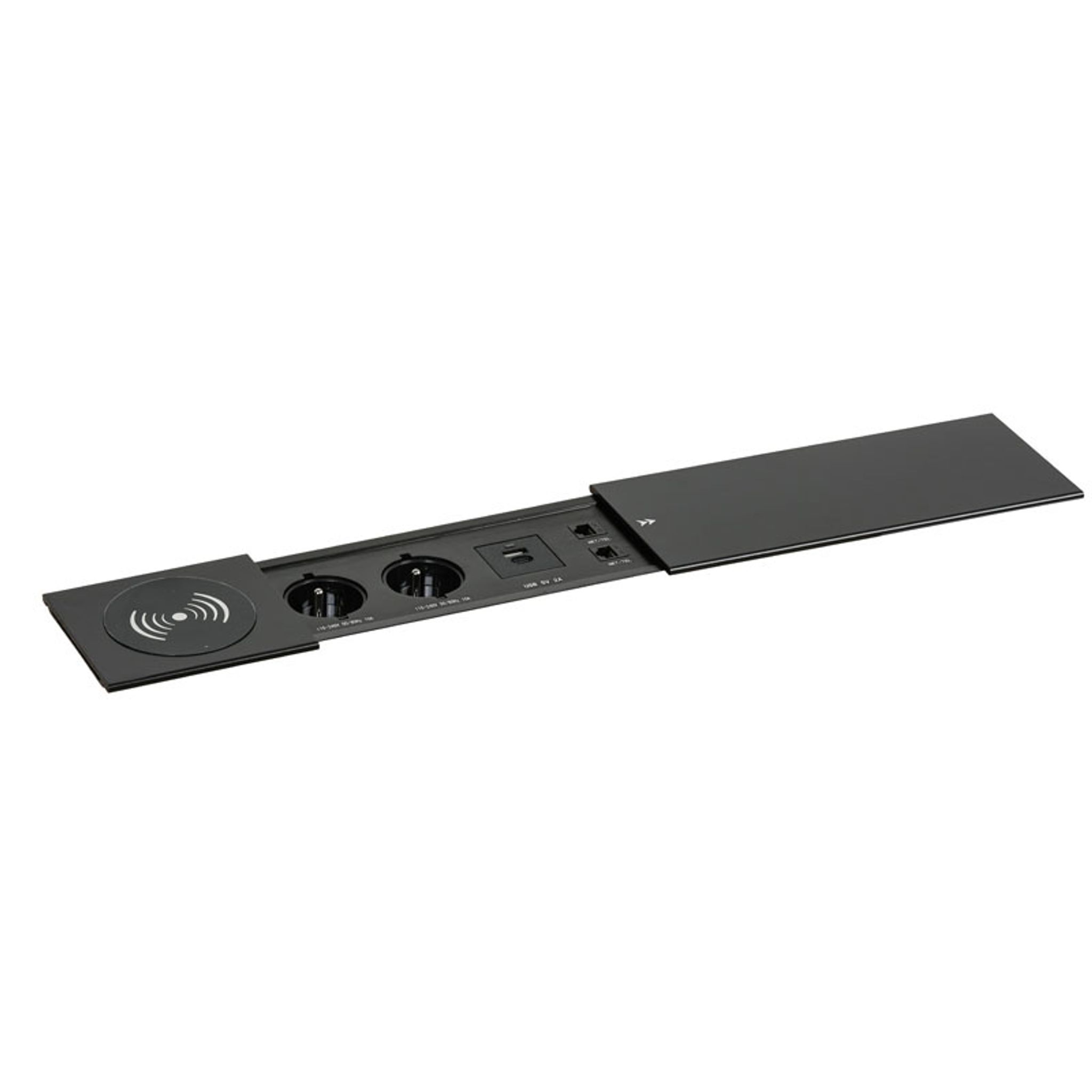 Schubladenbox TYP V - Schiebedeckel, 2x Steckdose, USB A+C Ladeanschlüsse, 2x RJ45 Anschluss, 1x kabelloses Ladegerät, schwarz Schubladenbox TYP V - Schiebedeckel, 2x Steckdose, USB A+C Ladeanschlüsse, 2x RJ45 Anschluss, 1x kabelloses Ladegerät, schwarz