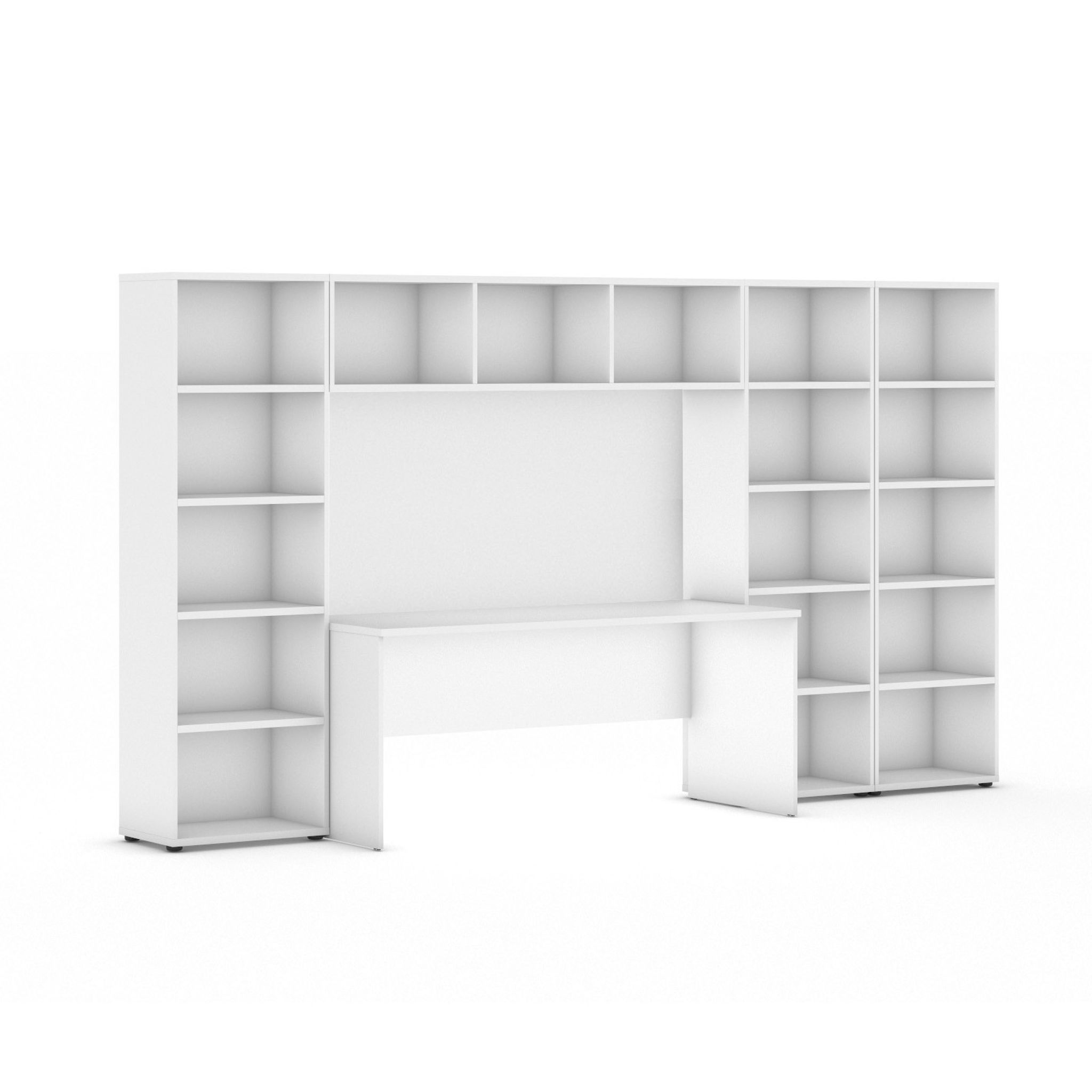 Sestavy knihoven INTEGRO se stolem, nižší/širší, 3350 x 700/400 x 1923 mm, bílá