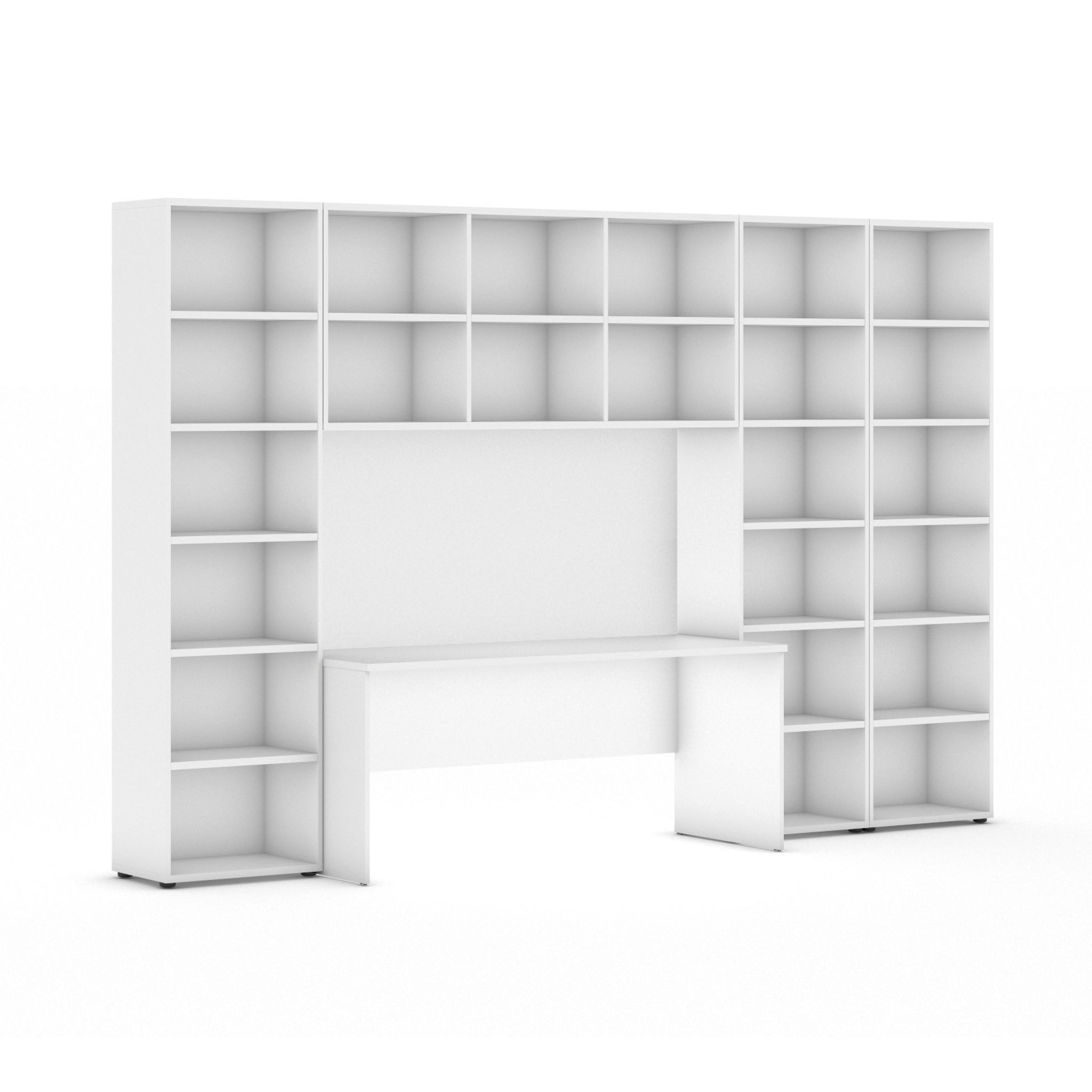 Sestavy knihoven INTEGRO se stolem, vyšší/širší, 3550 x 700/400 x 2300 mm, bílá