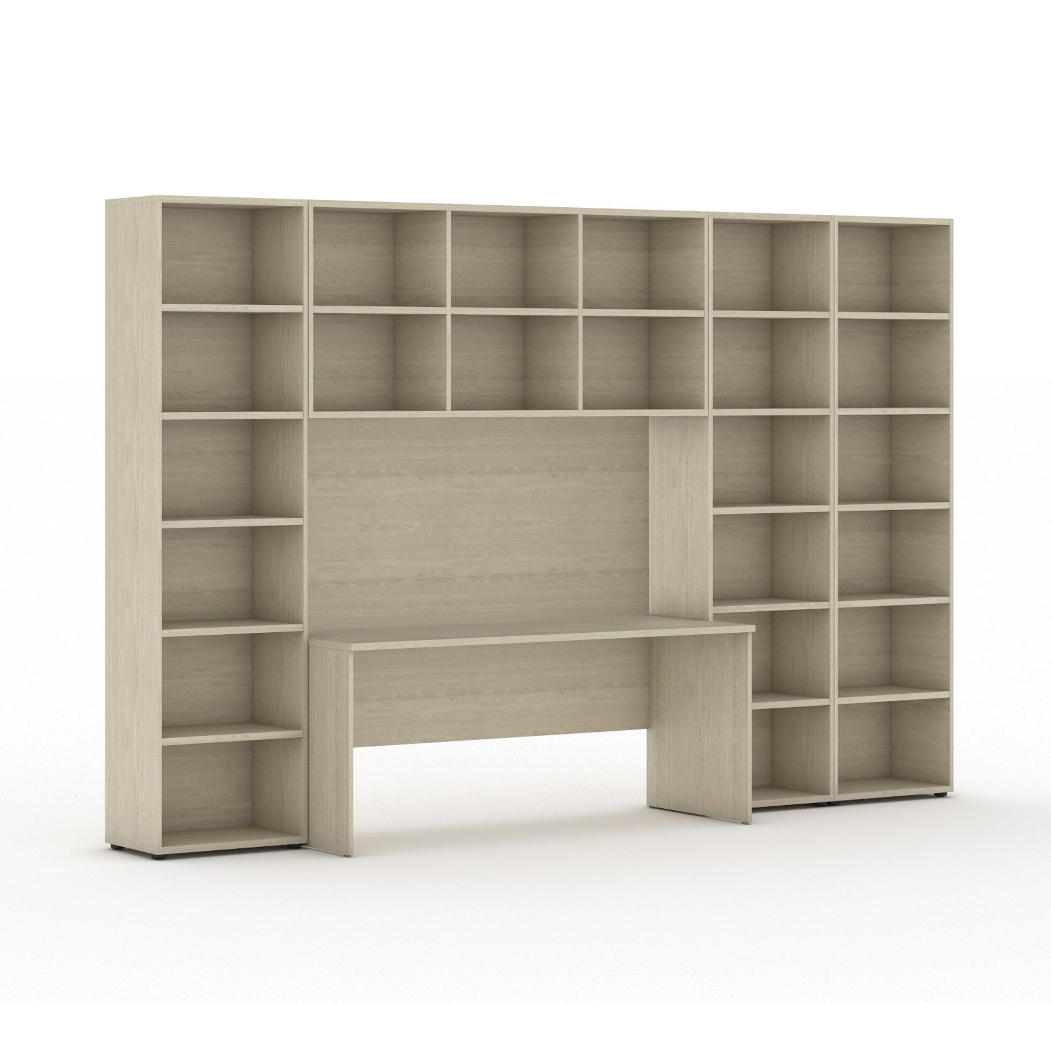 Sestavy knihoven INTEGRO se stolem, vyšší/širší, 3550 x 700/400 x 2300 mm, dub přírodní