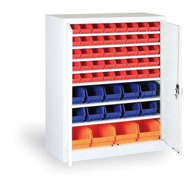 Skříň s plastovými boxy BASIC - 1150 x 400 x 920 mm, 32xA/12xB/4xC, šedá/šedé dveře