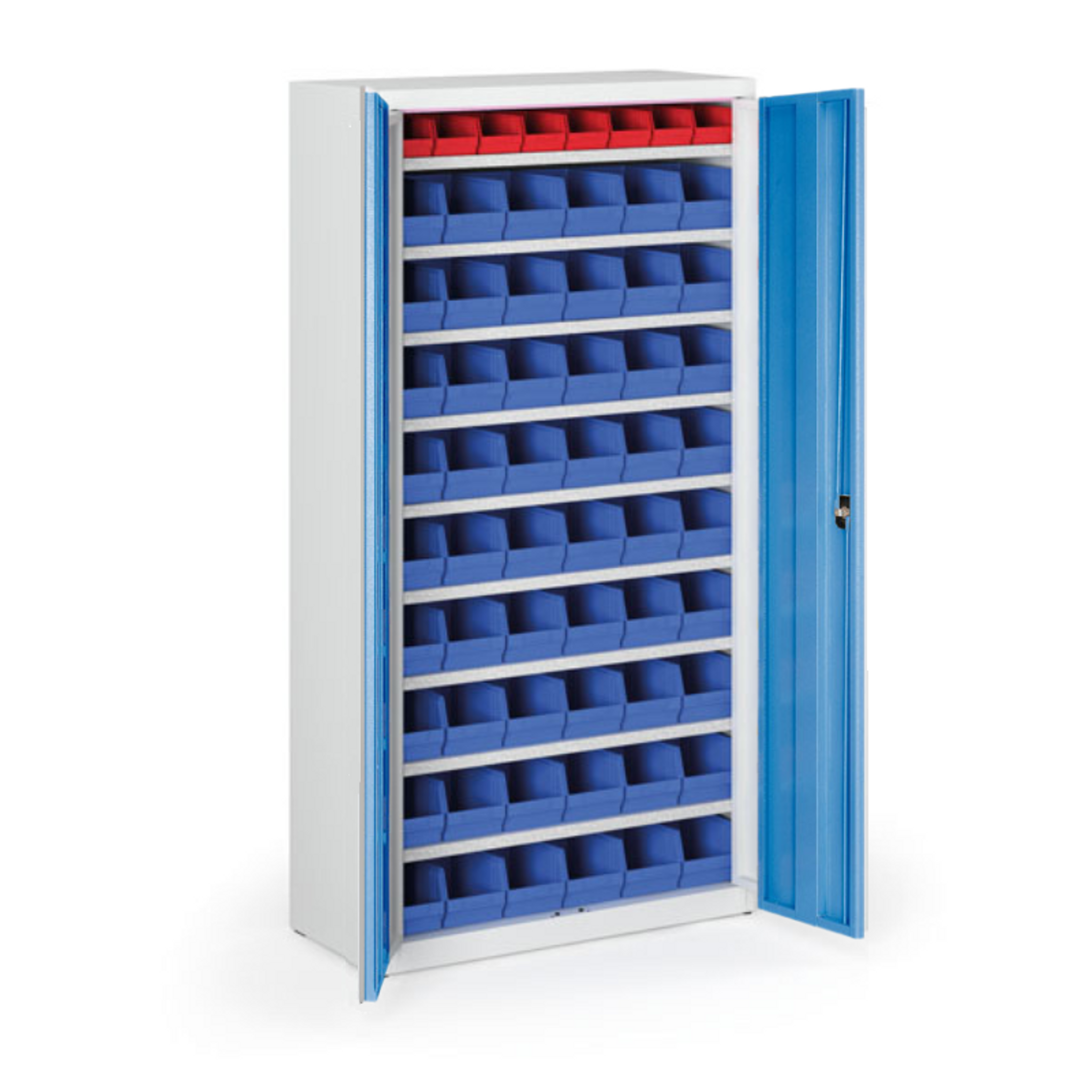 Skříň s plastovými boxy BASIC - 1800 x 400 x 920 mm, 8xA/54xB, šedá/modré dveře