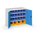Skříň s plastovými boxy BASIC - 800 x 400 x 920 mm, 18x B, 4x C, šedá/modré dveře