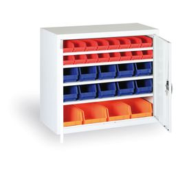 Skříň s plastovými boxy BASIC - 800 x 400 x 920 mm, 24xA/6xB/4xC, antracit/červené dveře