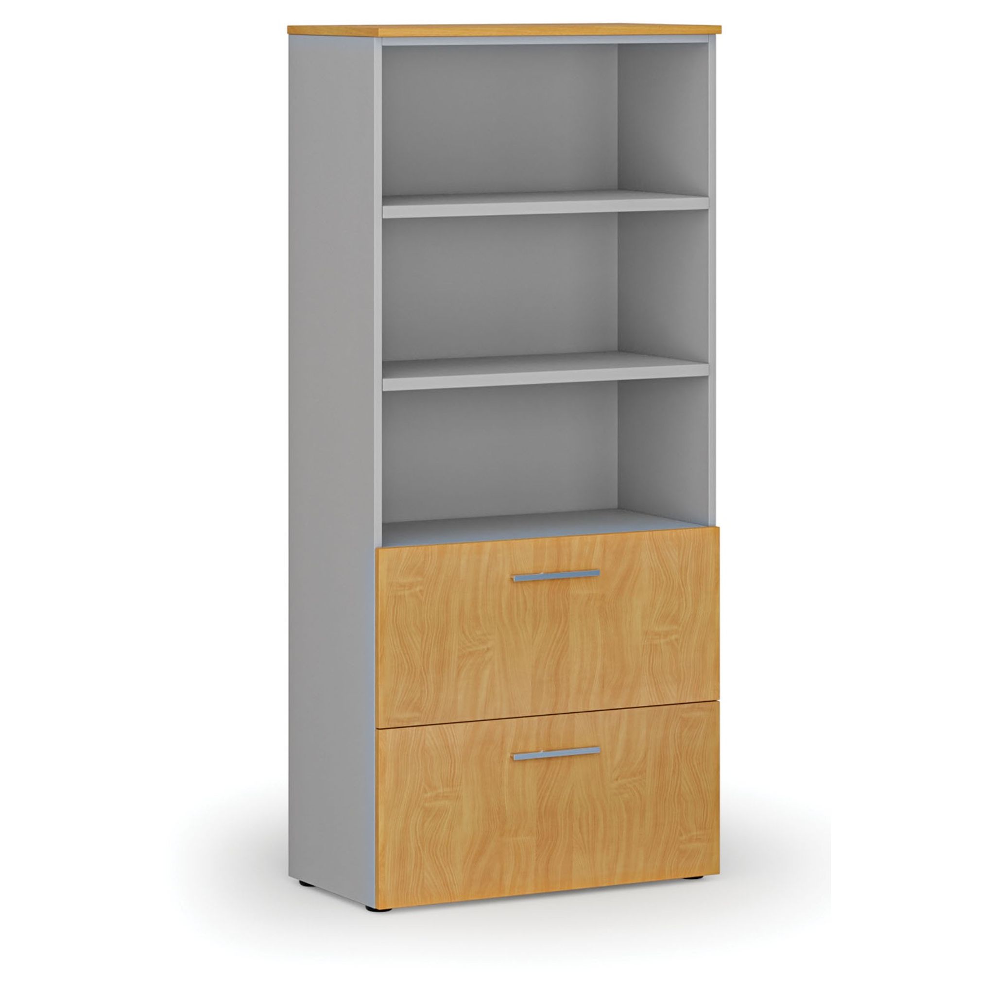 Skříň se zásuvkami pro závěsné složky PRIMO GRAY, 800 x 420 x 1781 mm, šedá/buk
