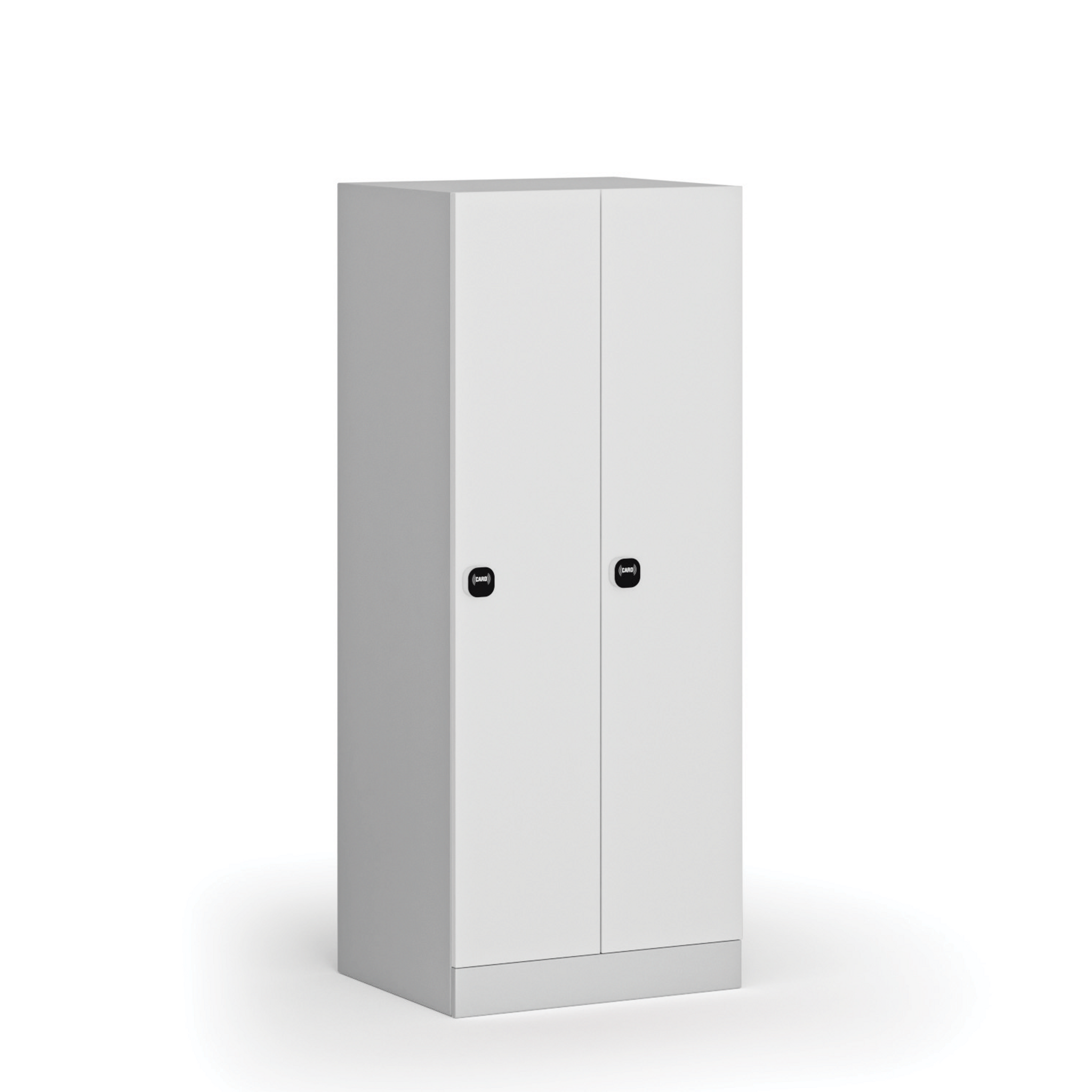 Snížená šatní skříňka S1, 2 oddíly, 1500 x 600 x 500 mm, demont, RFID zámek, laminované dveře, bílá