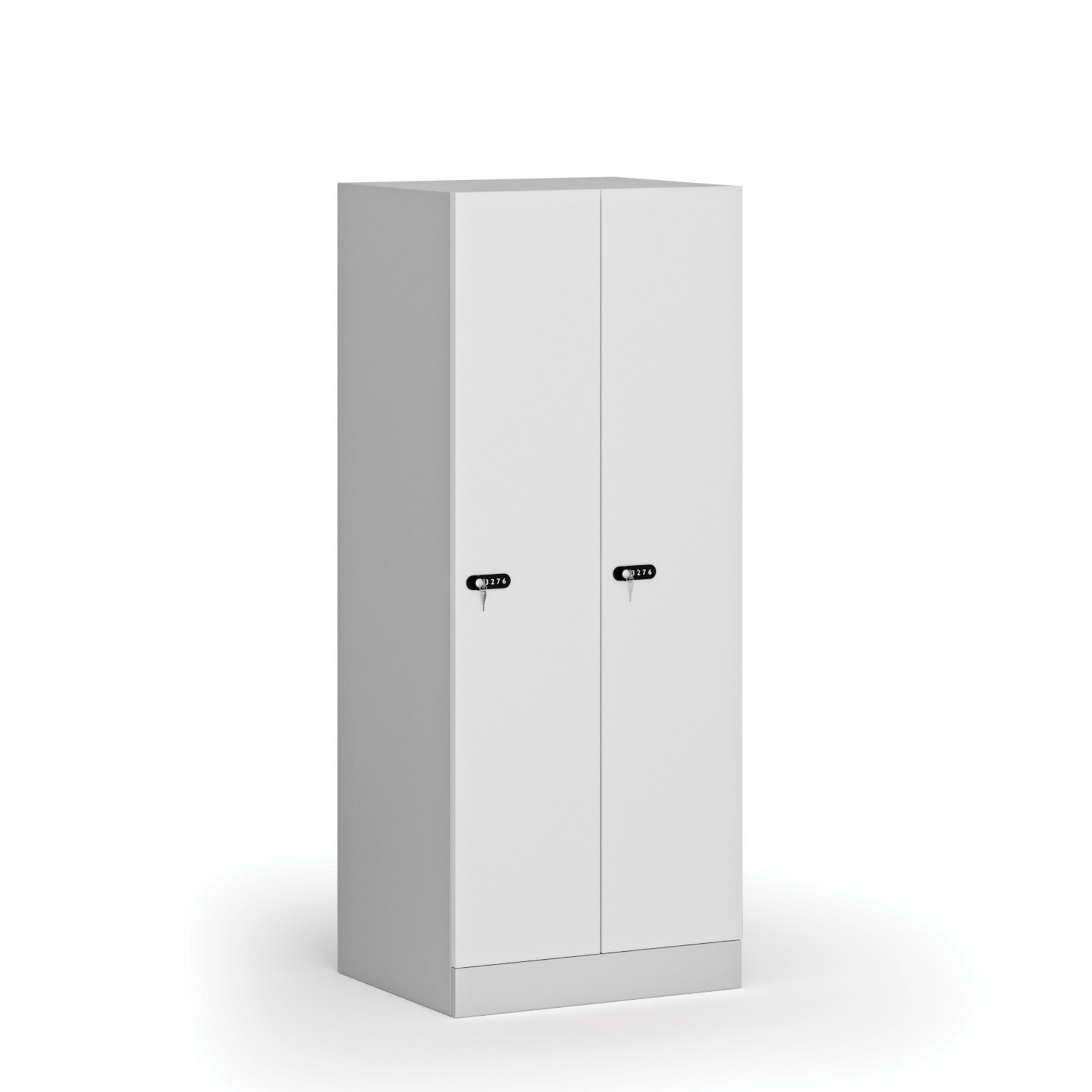 Snížená šatní skříňka S1, 2 oddíly, 1500 x 600 x 500 mm, mechanický kódový zámek, laminované dveře, bílá