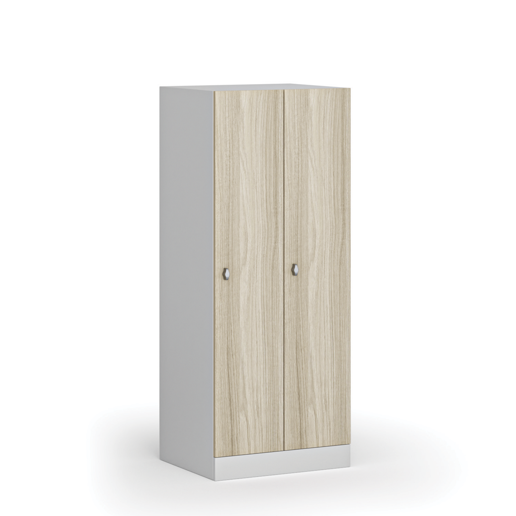 Snížená šatní skříňka S1, 2 oddíly, 1500 x 600 x 500 mm, otočný zámek, laminované dveře, dub přírodní