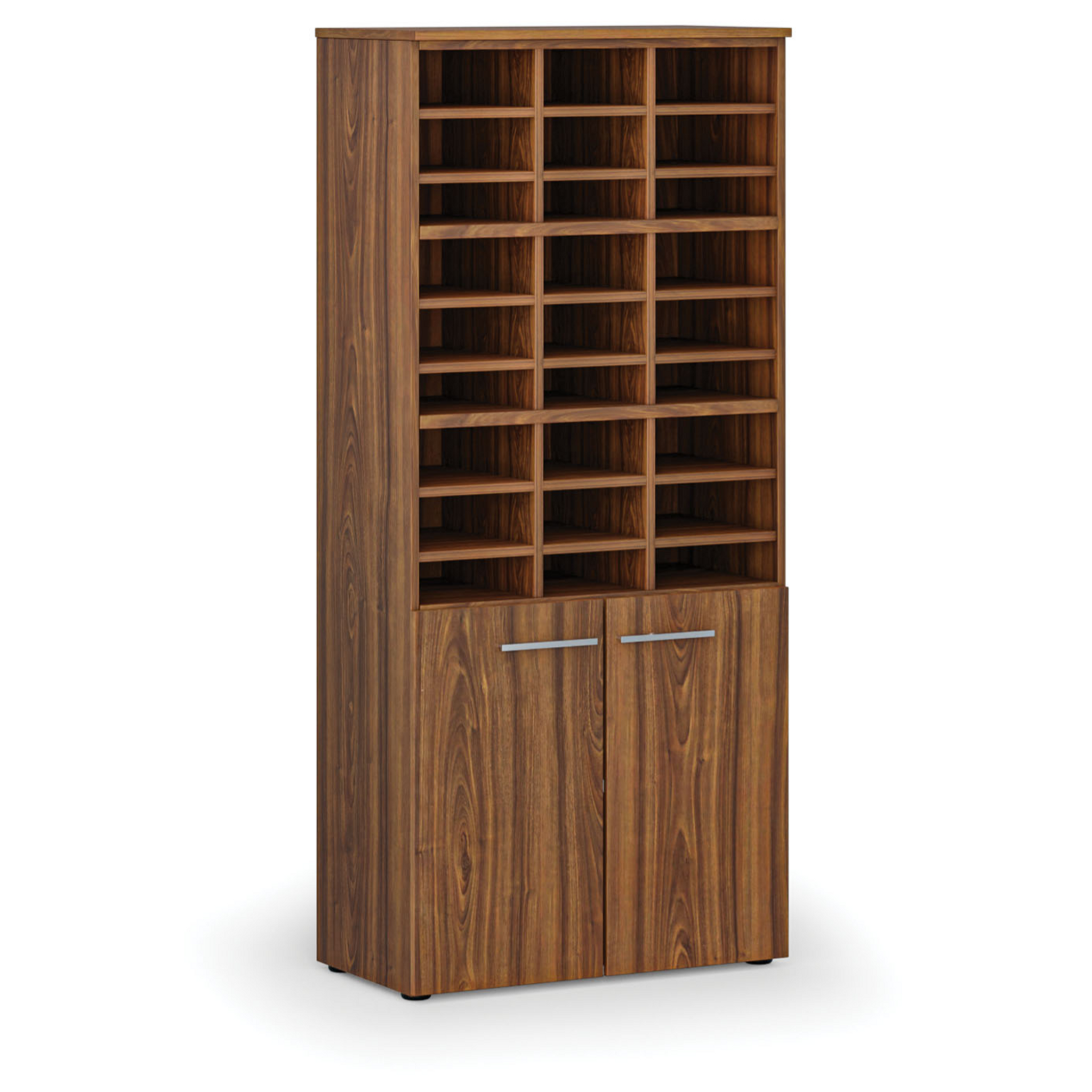 Sortierregal PRIMO WOOD mit Türen, 800 x 420 x 1781 mm, 27 Fächer, Nussbaum