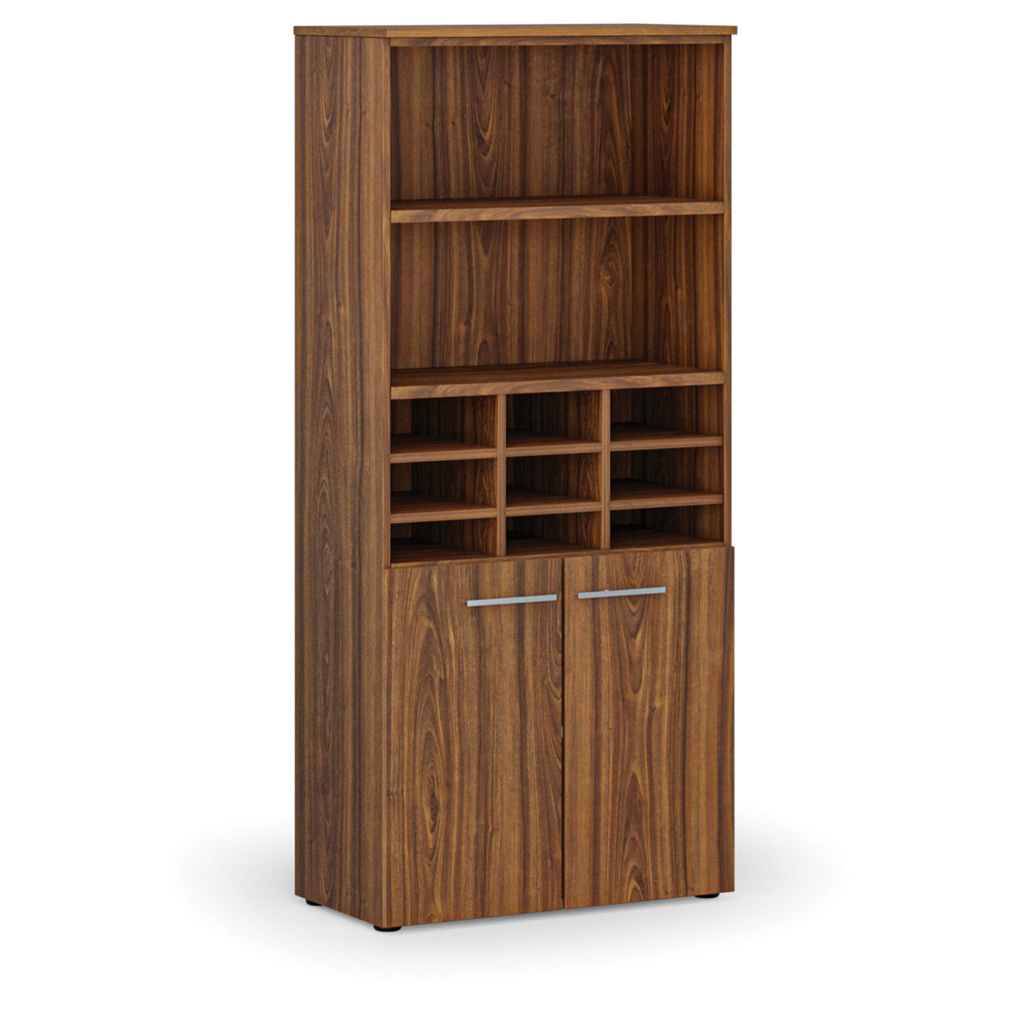 Sortierregal PRIMO WOOD mit Türen, 800 x 420 x 1781 mm, 9 Fächer, Nussbaum