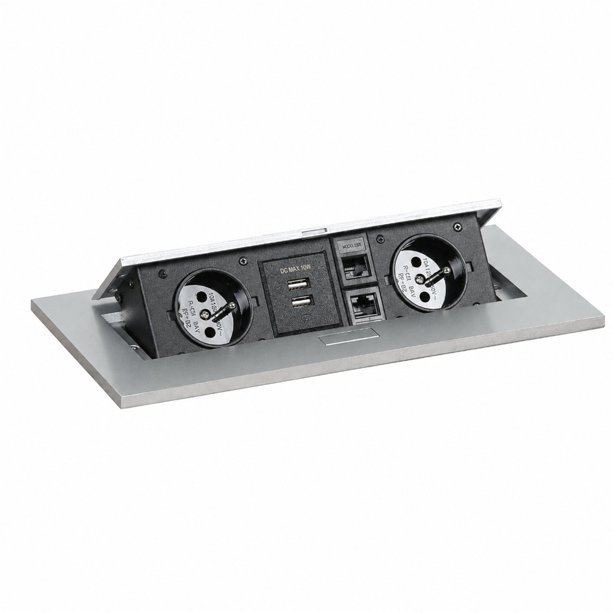 Steckdosenbox - aufklappbar, 2x Steckdose, 2x USB-A, 2x RJ45-Anschluss, silber Steckdosenbox - aufklappbar, 2x Steckdose, 2x USB-A, 2x RJ45-Anschluss, silber