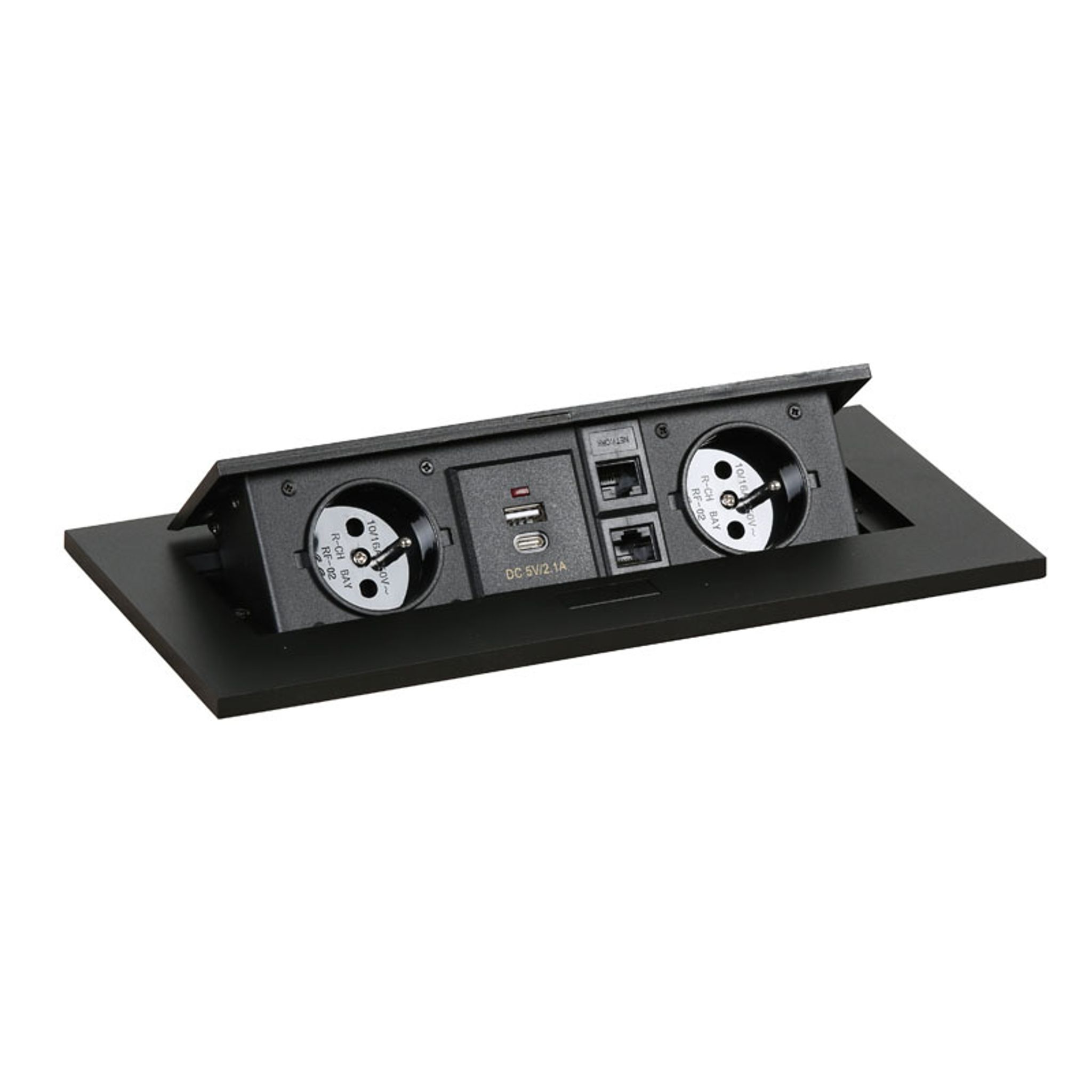 Steckdosenbox TYP II - aufklappbar, 2x Steckdose, USB-A + USB-C, 2x RJ45-Anschluss, schwarz Steckdosenbox TYP II - aufklappbar, 2x Steckdose, USB-A + USB-C, 2x RJ45-Anschluss, schwarz