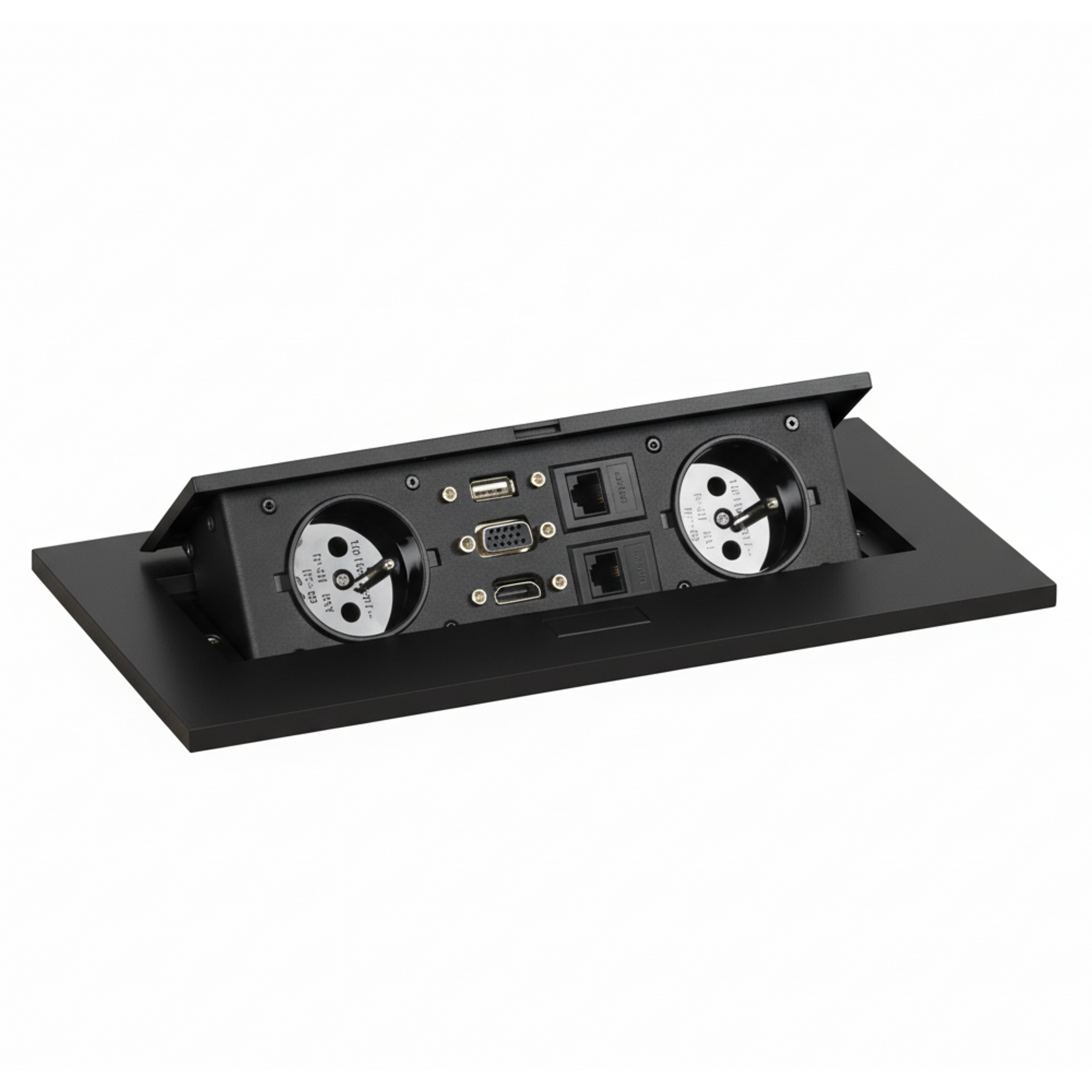Steckdosenbox TYP VI - aufklappbar, 2x Steckdose, VGA, HDMI, USB DATA, 2x RJ45-Anschluss, schwarz