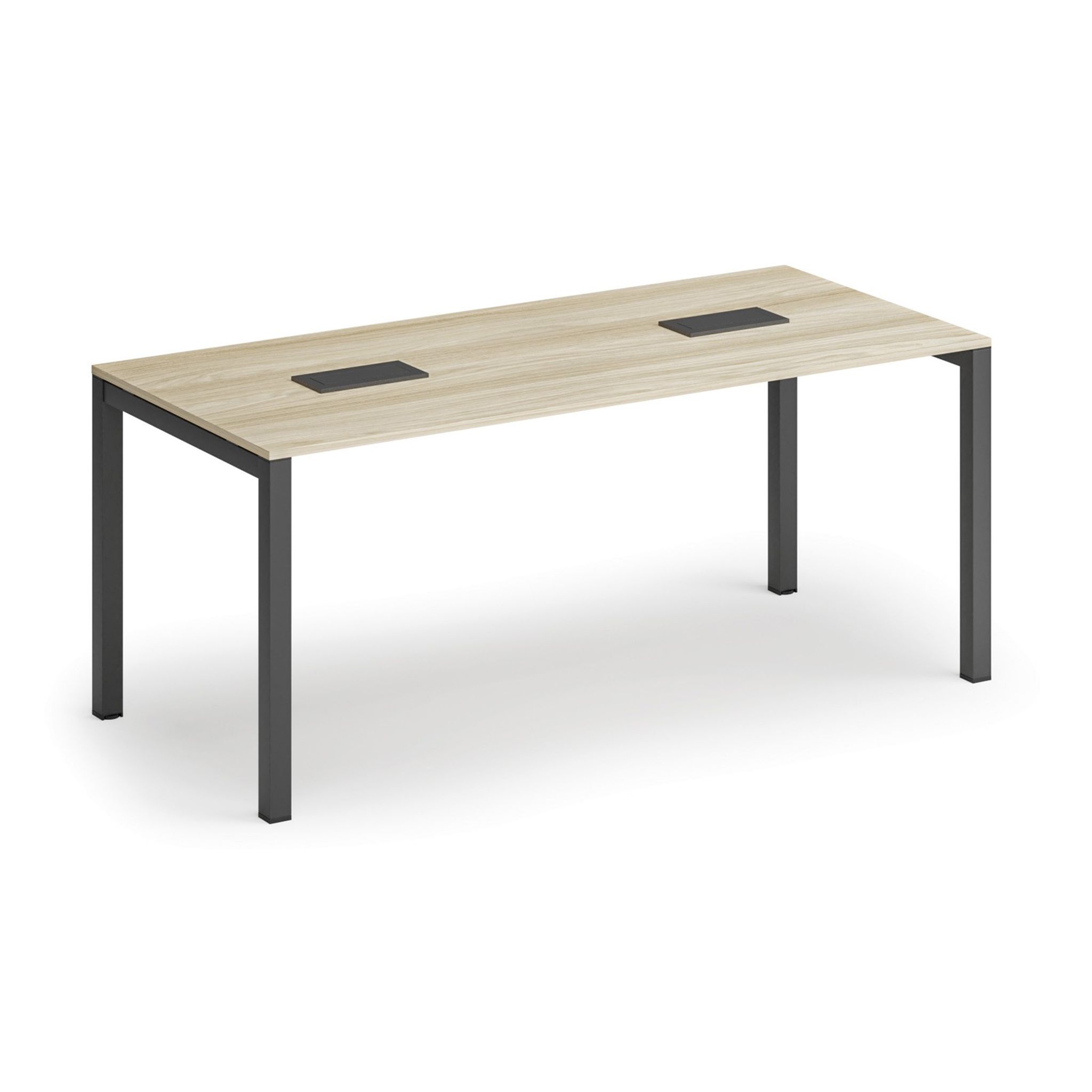 Stół konferencyjny PRIMO SQUARE, 180x80 cm, szaro-srebrna podstawa, dąb naturalny + 2x port blatowy TYP I, czarny