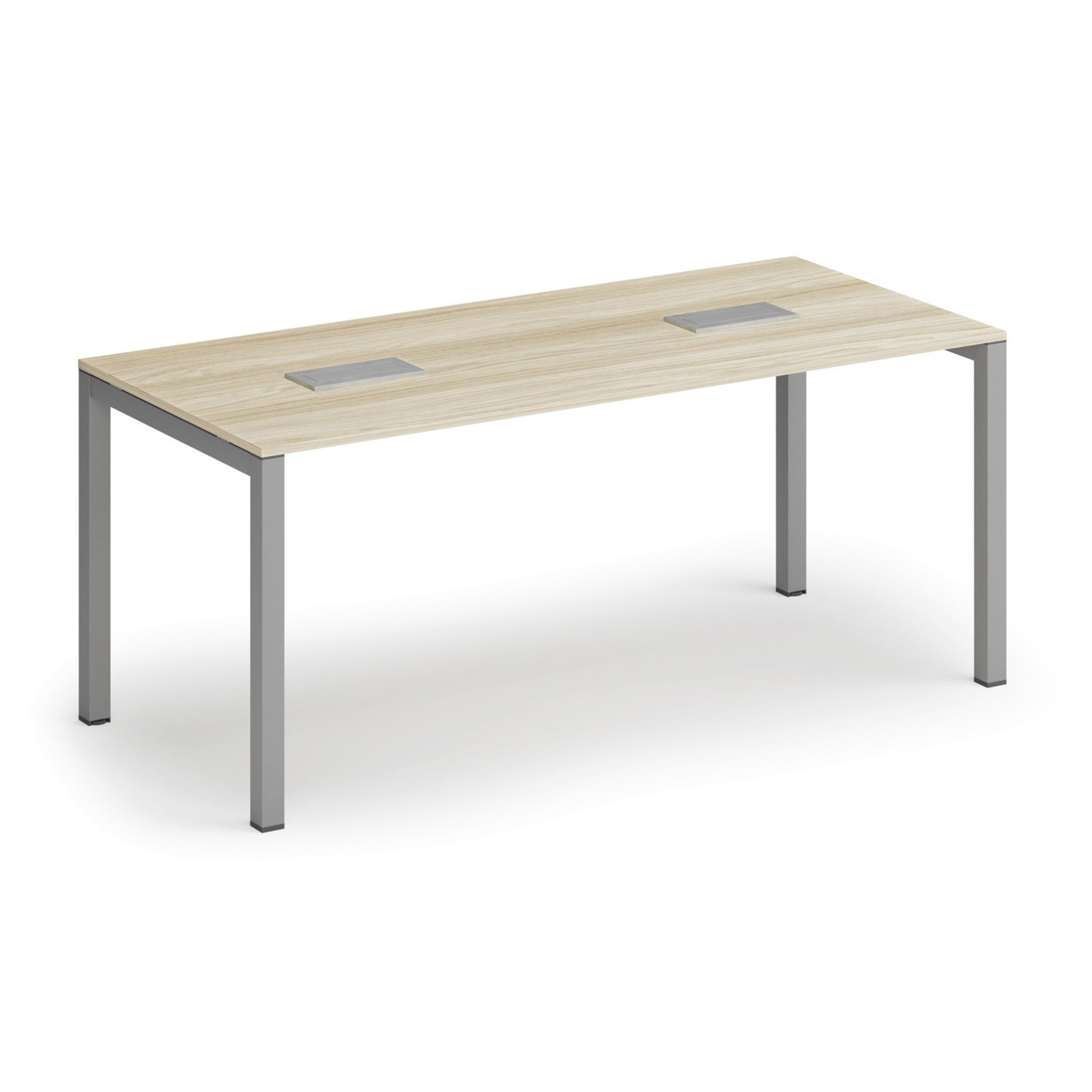 Stół konferencyjny PRIMO SQUARE, 180x80 cm, szaro-srebrna podstawa, dąb naturalny + 2x port blatowy TYP I, srebrny