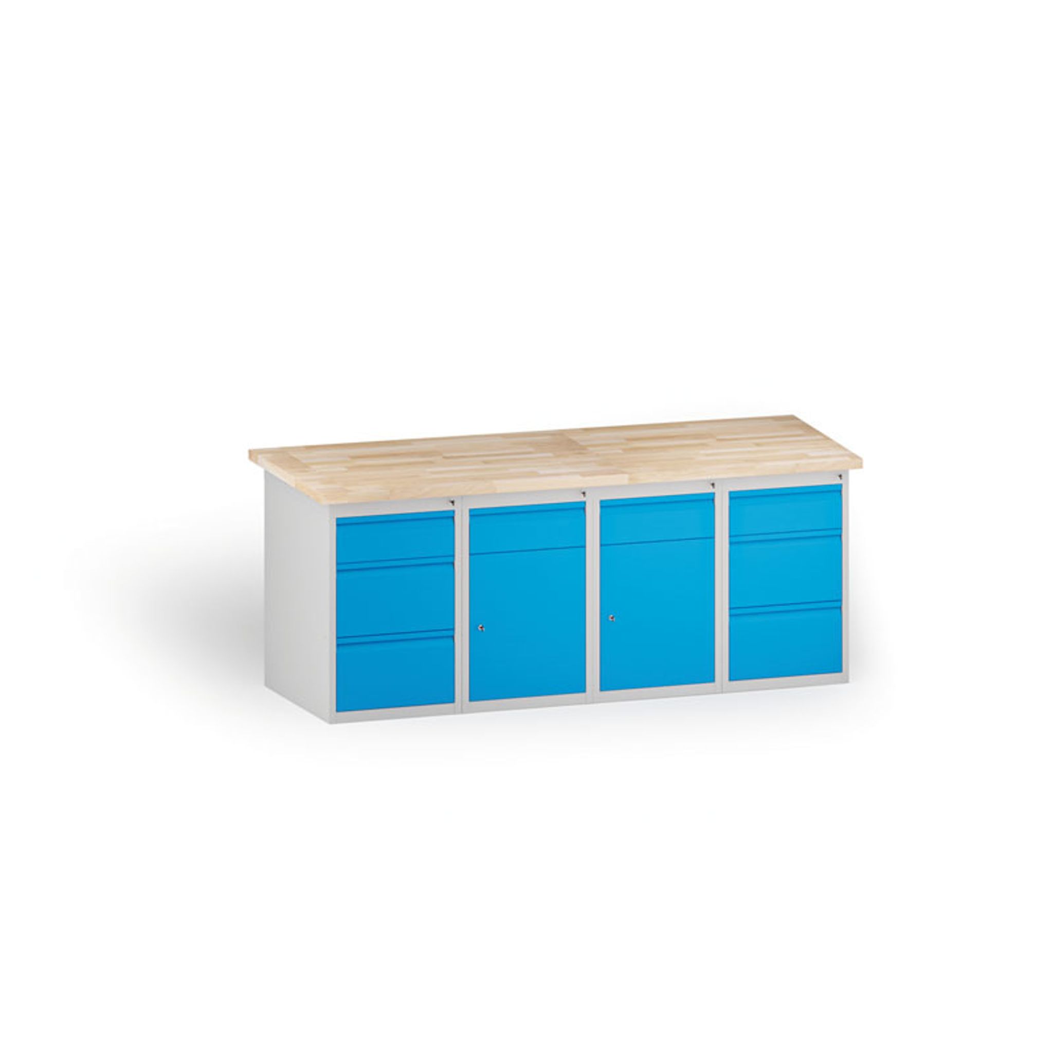 Stół warsztatowy KOVONA, 2 szafki wiszące z szufladą i 6 szuflad na narzędzia, blat z drewna bukowego, 2000 mm
