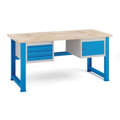 Stół warsztatowy KOVONA, szafka wisząca i 3 szuflady na narzędzia, blat z drewna bukowego, stałe nogi, 1700 mm