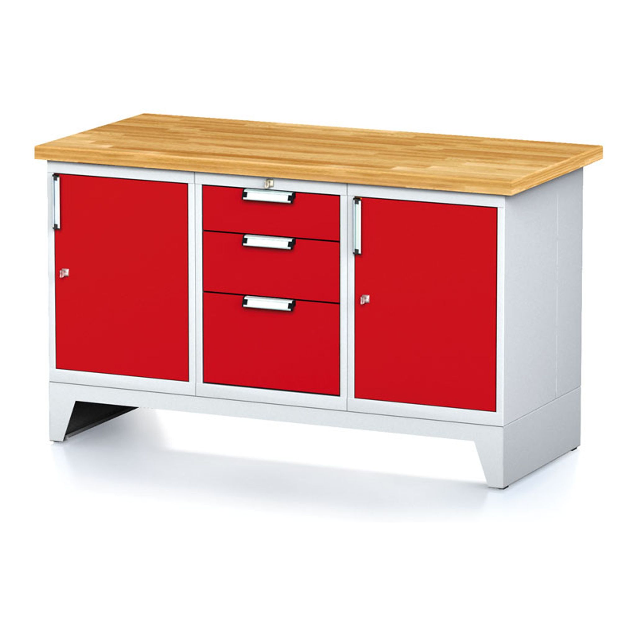 Stół warsztatowy MECHANIC, 1500x685x880 mm, 1x 3 szufladowy kontener, 2x szafka, szara/czerwona