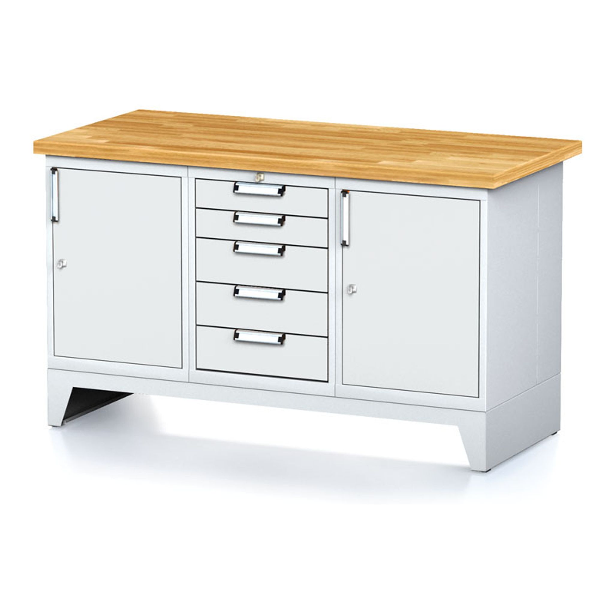 Stół warsztatowy MECHANIC, 1500x685x880 mm, 1x 5 szufladowy kontener, 2x szafka, szara/szara
