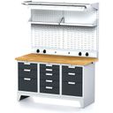 Stół warsztatowy MECHANIC panel, Gniazda elektryczne, Oświetlenie, 1500x685x880 mm, 1x 5 + 2x 3 szufladowy kontener, szara/antracyt