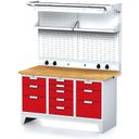 Stół warsztatowy MECHANIC panel, Gniazda elektryczne, Oświetlenie, 1500x685x880 mm, 1x 5 + 2x 3 szufladowy kontener, szara/czerwona