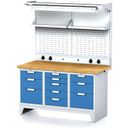 Stół warsztatowy MECHANIC panel, Gniazda elektryczne, Oświetlenie, 1500x685x880 mm, 1x 5 + 2x 3 szufladowy kontener, szara/niebieska