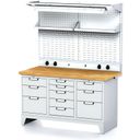 Stół warsztatowy MECHANIC panel, Gniazda elektryczne, Oświetlenie, 1500x685x880 mm, 1x 5 + 2x 3 szufladowy kontener, szara/szara