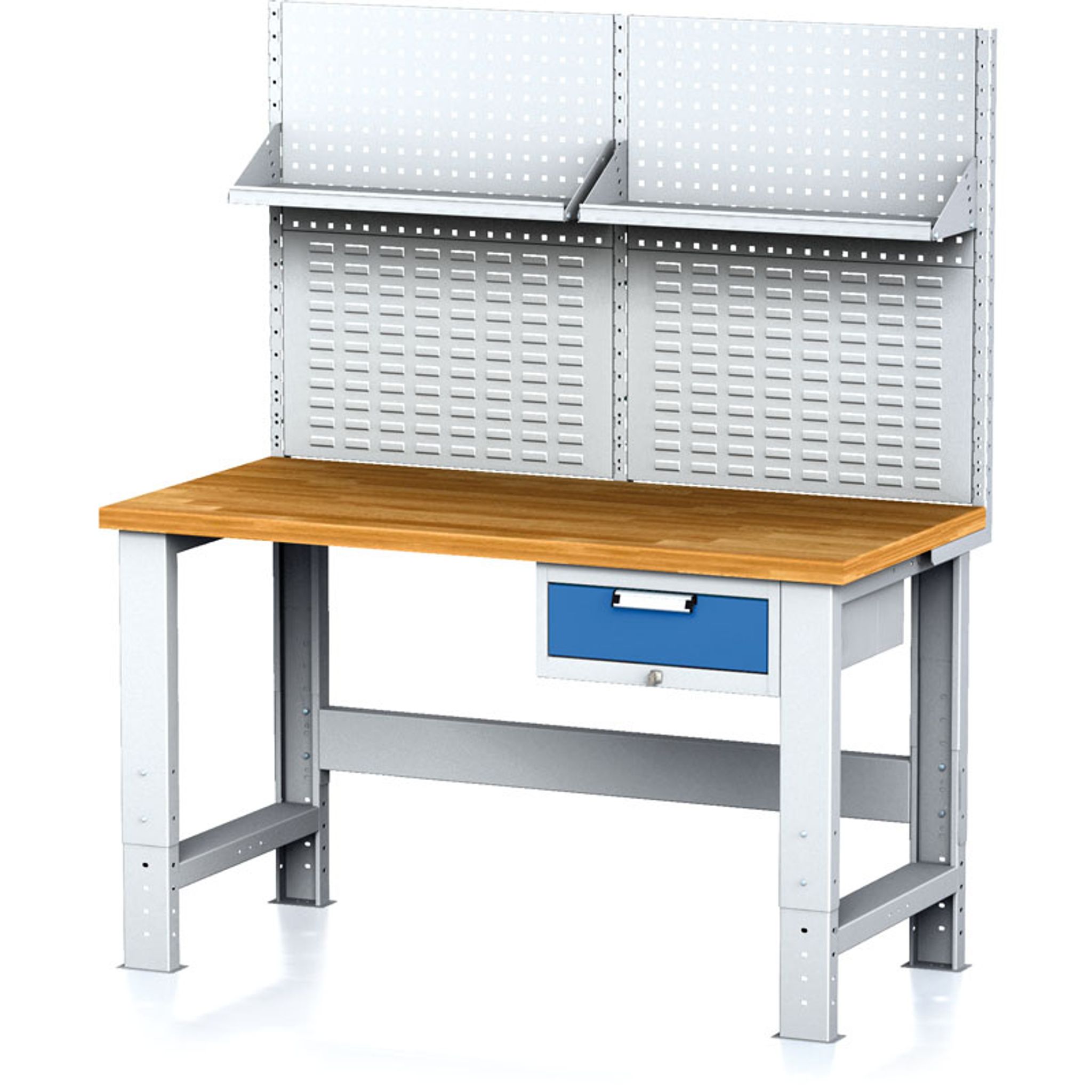 Stół warsztatowy MECHANIC z nadstawką i półką, 1500x685x700-1055 mm, nogi regulowane, 1x 1 szufladowy kontener, szary/niebieski