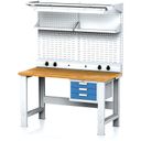 Stół warsztatowy MECHANIC z nadstawką i półką, el. gniazda, oświetlenie, 1500x685x700-1055 mm, 1x 3 szufladowy kontener, szary/niebieski