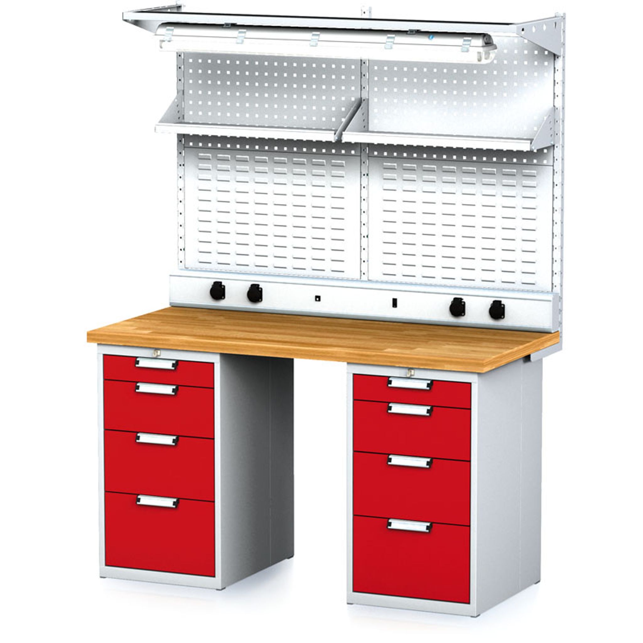 Stół warsztatowy MECHANIC z nadstawką i półką, el. gniazda, oświetlenie, 1500x685x880 mm, 2x 4 szufladowy kontener, szary/czerwony