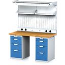Stół warsztatowy MECHANIC z nadstawką i półką, el. gniazda, oświetlenie, 1500x685x880 mm, 2x 4 szufladowy kontener, szary/niebieski