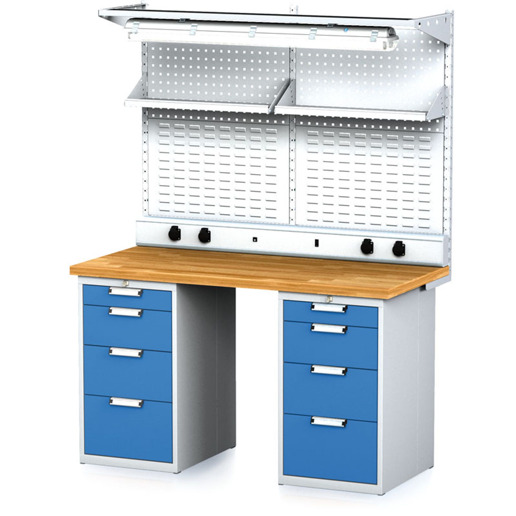 Stół warsztatowy MECHANIC z nadstawką i półką, el. gniazda, oświetlenie, 1500x685x880 mm, 2x 4 szufladowy kontener, szary/niebieski