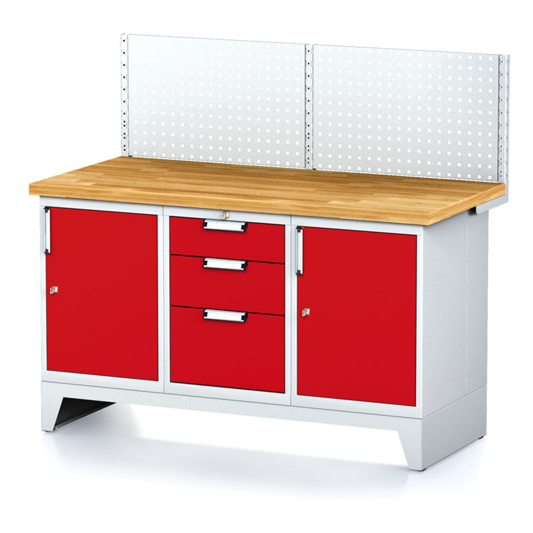 Stół warsztatowy MECHANIC z panelem perforowanym, 1500x685x880 mm, 1x 3 szufladowy kontener, 2x szafka, szara/czerwona