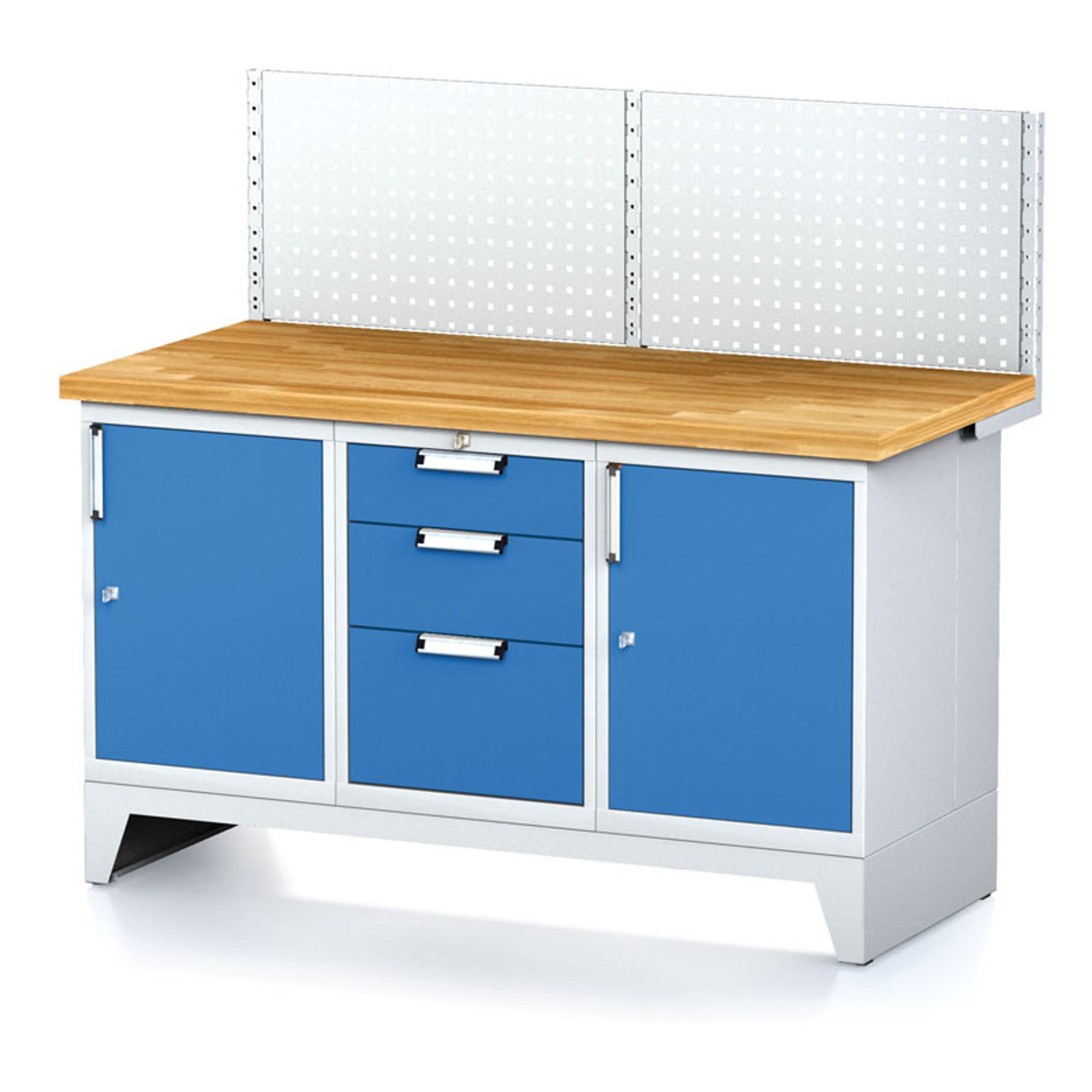 Stół warsztatowy MECHANIC z panelem perforowanym, 1500x685x880 mm, 1x 3 szufladowy kontener, 2x szafka, szara/niebieska