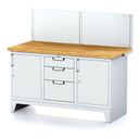 Stół warsztatowy MECHANIC z panelem perforowanym, 1500x685x880 mm, 1x 3 szufladowy kontener, 2x szafka, szara/szara