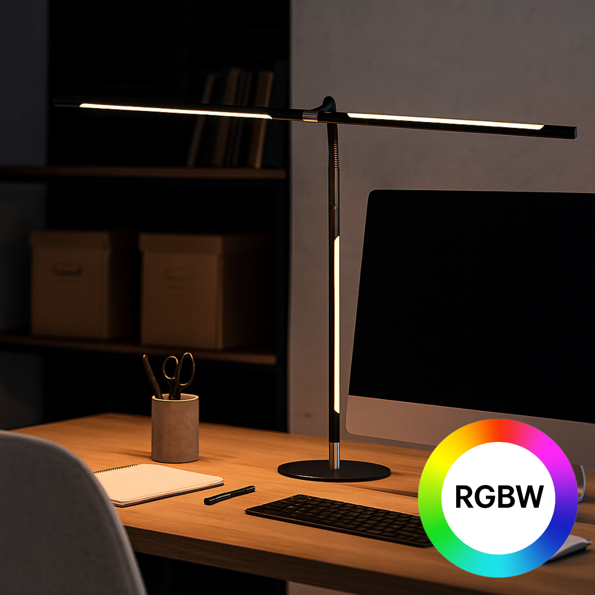Fotografia produktu: Stolná LED lampa NOX s RGBW efektmi, základňa, diaľkový ovládač